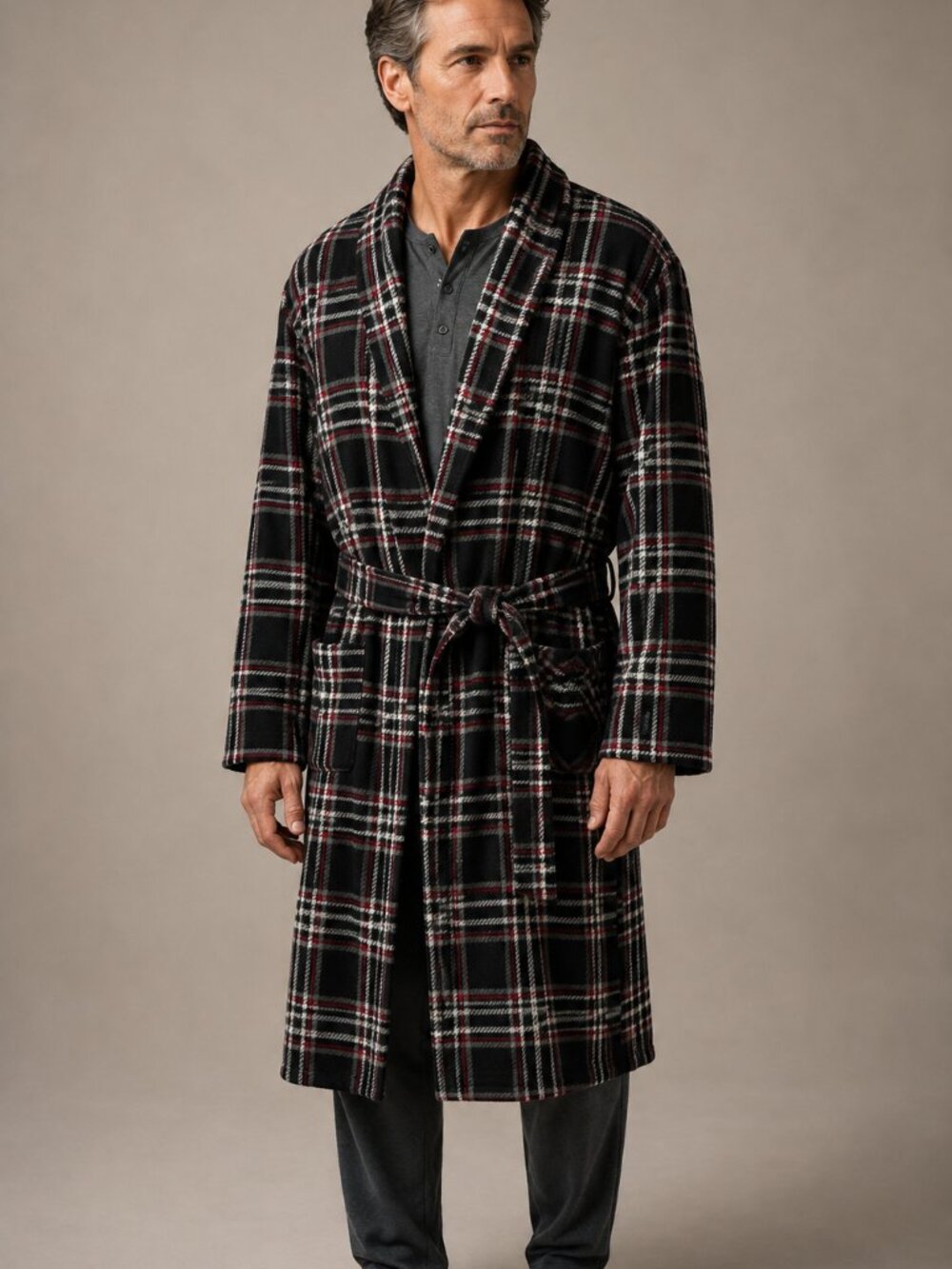 Fruit of the Loom Men’s One Size Plaid Fleece Robe Belted Sleepwear